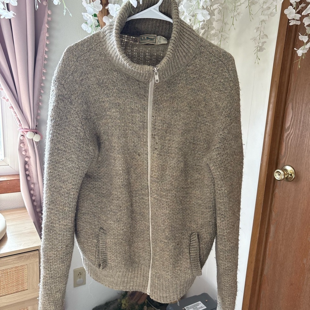 L.L. Bean 100% Wool Tan Zip Up Sweater